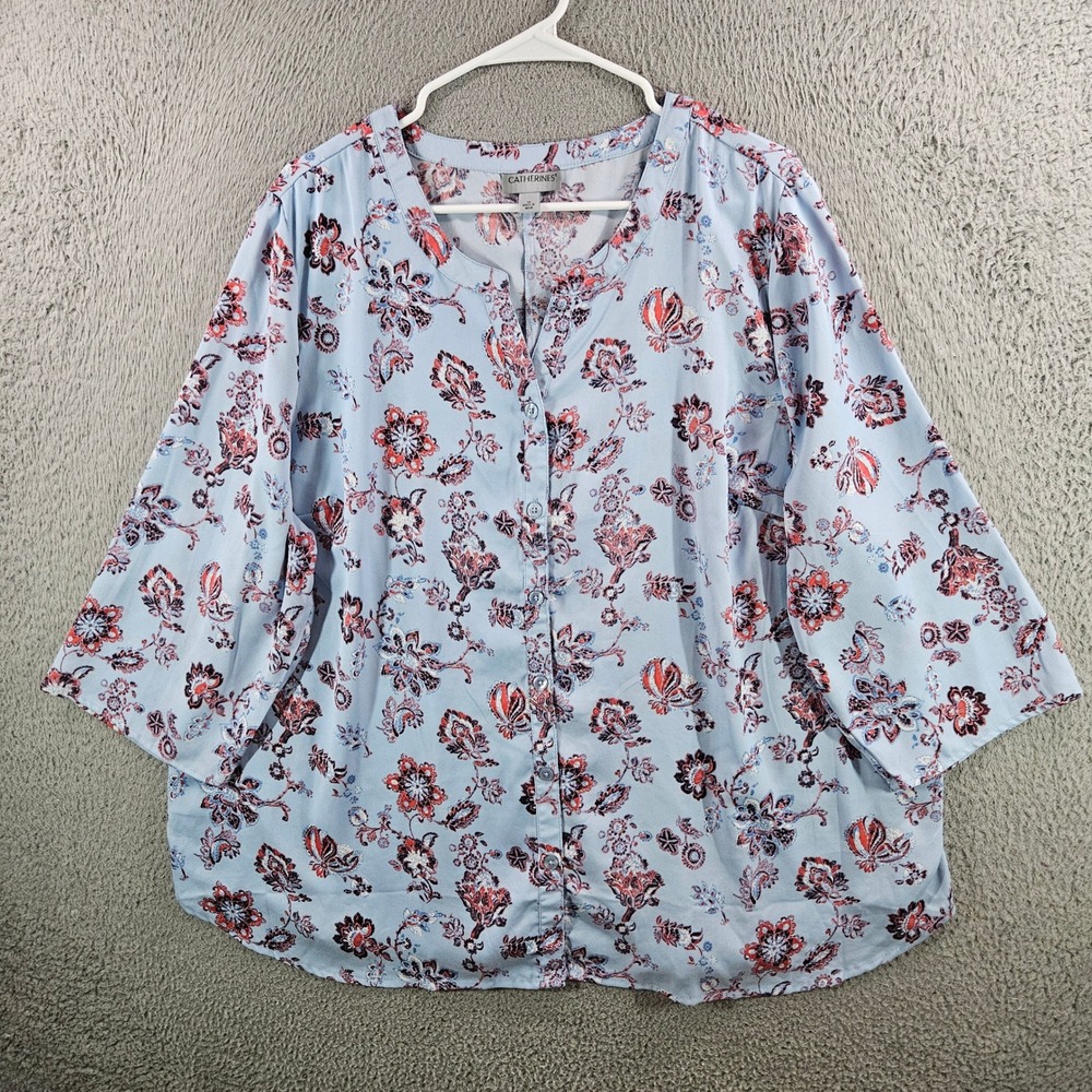 Catherines Womens 1X Blue Floral Paisley Button Front 3/4 Sleeve Blouse
